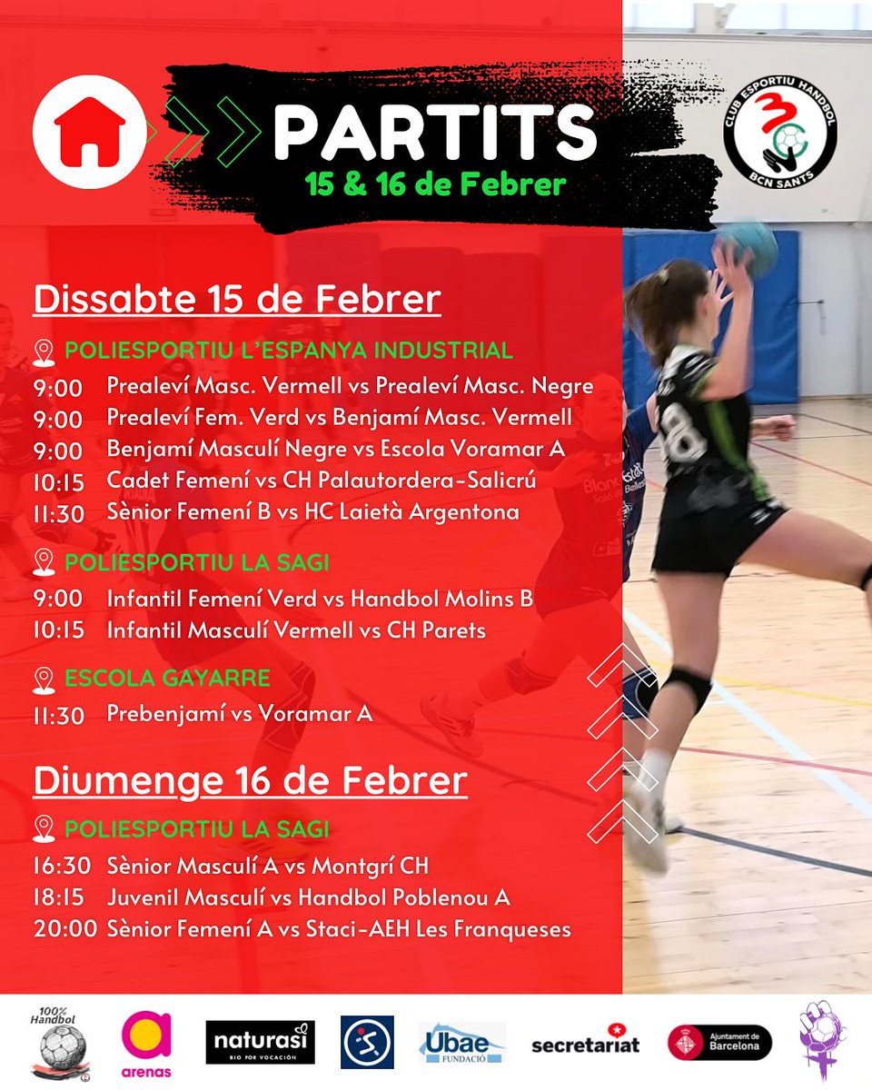 CEH BCN SANTS UBAE (@handbolbcnsants) on Twitter photo Horaris dels partits del cap de setmana 15 & 16 de febrer.
⚠️ ACTUALITZACIÓ:
Sènior Femení B juga a les 16:00h
Juvenil Femení juga a les 13:15h
#HandbolBcnSants #BcnSants #Handbol #Sants
<a href="/MolsaBiosants/">Molsa Bio Sants</a>
#arenasdebcn
<a href="/sants_esports/">SANTS ESPORTS</a>
<a href="/secretariat_shb/">Secretariat SHB</a>
<a href="/FedCatHandbol/">Federació Catalana d’Handbol</a>
<a href="/elconsell/">El Consell</a> Horaris dels partits del cap de setmana 15 & 16 de febrer.
⚠️ ACTUALITZACIÓ:
Sènior Femení B juga a les 16:00h
Juvenil Femení juga a les 13:15h
#HandbolBcnSants #BcnSants #Handbol #Sants
<a href="/MolsaBiosants/">Molsa Bio Sants</a>
#arenasdebcn
<a href="/sants_esports/">SANTS ESPORTS</a>
<a href="/secretariat_shb/">Secretariat SHB</a>
<a href="/FedCatHandbol/">Federació Catalana d’Handbol</a>
<a href="/elconsell/">El Consell</a>