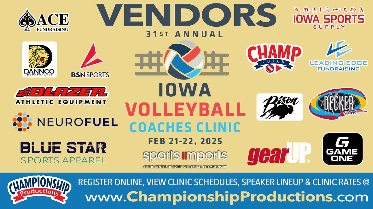 Championship Volleyball Instruction- Videos/Clinic (@champvball) on Twitter photo We❤️these🏐Vendors supporting the IA Volleyball Coaches Clinic! @ACEfundraising <a href="/iasportssupply/">Iowa Sports Supply</a> <a href="/NeuroFuelMT/">NeuroFuel Mental Training</a> <a href="/GameOne_USA/">Game One</a> <a href="/DanncoI/">Dannco Inc.</a> <a href="/BSNSPORTS_IOWA/">BSN SPORTS IOWA</a> <a href="/LE_CentralIowa/">Leading Edge Fundraising Iowa: Zach</a> <a href="/ChampProduction/">Championship Productions</a> <a href="/inc_bison/">Bison, Inc.</a> <a href="/SportsImportsVB/">Sports Imports</a>
#learnfromthebest #becomeyourbest + Blue Star Sports Apparel, Decker We❤️these🏐Vendors supporting the IA Volleyball Coaches Clinic! @ACEfundraising <a href="/iasportssupply/">Iowa Sports Supply</a> <a href="/NeuroFuelMT/">NeuroFuel Mental Training</a> <a href="/GameOne_USA/">Game One</a> <a href="/DanncoI/">Dannco Inc.</a> <a href="/BSNSPORTS_IOWA/">BSN SPORTS IOWA</a> <a href="/LE_CentralIowa/">Leading Edge Fundraising Iowa: Zach</a> <a href="/ChampProduction/">Championship Productions</a> <a href="/inc_bison/">Bison, Inc.</a> <a href="/SportsImportsVB/">Sports Imports</a>
#learnfromthebest #becomeyourbest + Blue Star Sports Apparel, Decker