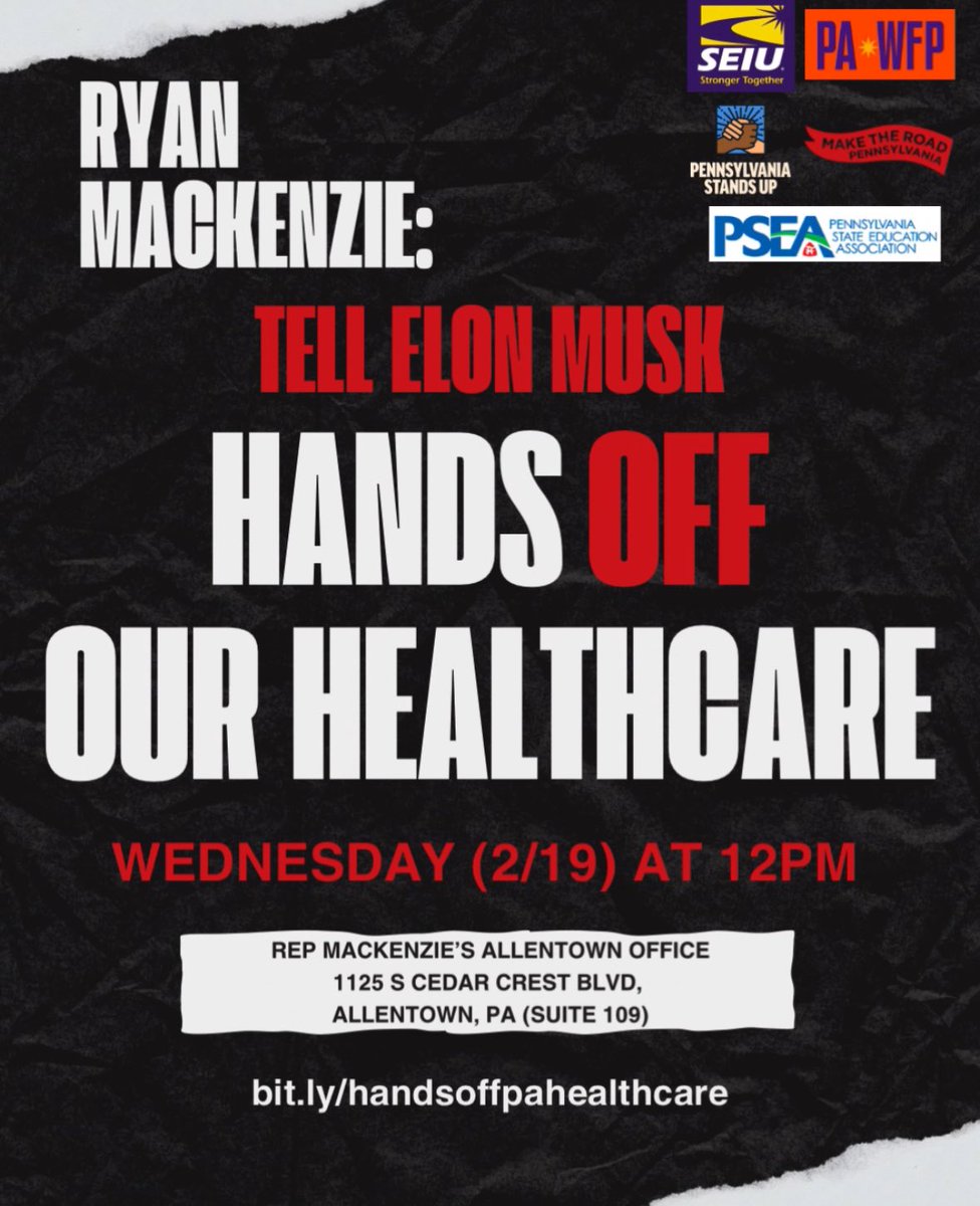 MakeTheRoadPA's tweet image. Love is caring for each other. Love is protecting each other. Join us this Wednesday (February 19) at Rep. Mackenzie’s Allentown office (1125 S Cedar Crest Blvd Suite 109, Allentown, PA) to tell him to stand up for us and stop Musk’s cuts to programs everyday Americans depend on.