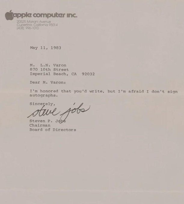 In 1983, Steve Jobs sent this reply to a letter from someone asking for his autograph