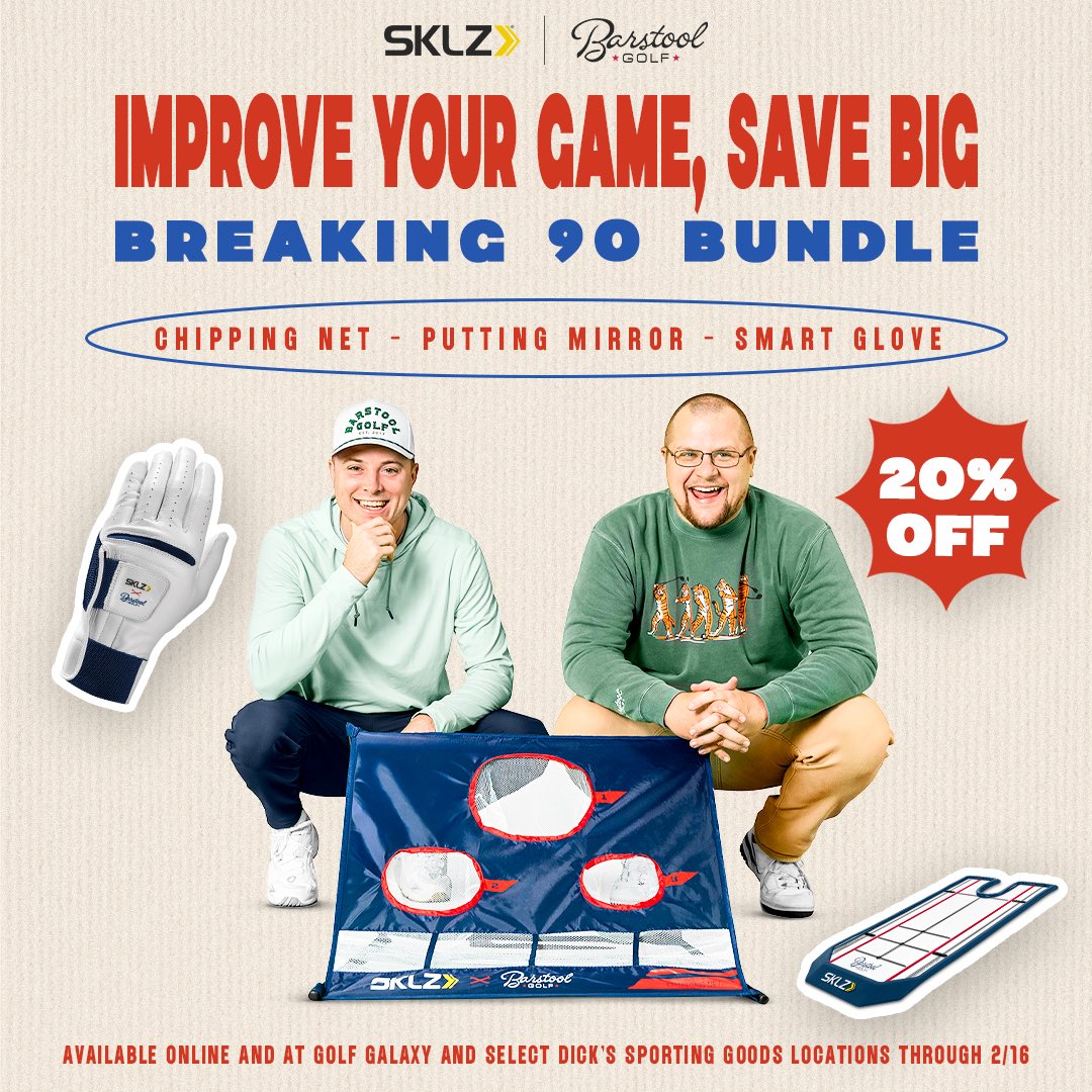 stoolgolftime's tweet image. Improve your game. Save big.
The Barstool Golf x @SKLZ Breaking 90 Bundle and Riggs' Birdie Bundle are 20% off for a limited time only online and at @golfgalaxy and select @DICKS locations through 2/16.