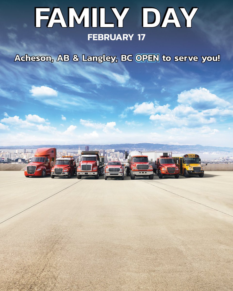 DiamondIntTrux's tweet image. Please note that while most of our locations will be CLOSED on Monday for Family Day, our Acheson, AB and Langley. BC locations will be OPEN to serve you! See our website for all holiday hours and locations. 

Have a safe and happy long weekend!