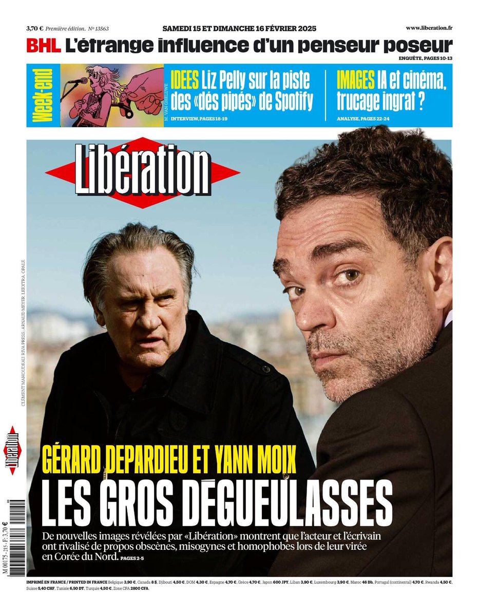 unesdepresse's tweet image. 🗞 Gérard Depardieu et Yann Moix : les gros dégueulasses 

Voici la une du journal Libération, demain samedi 15 février 2025. #Depardieu #Moix