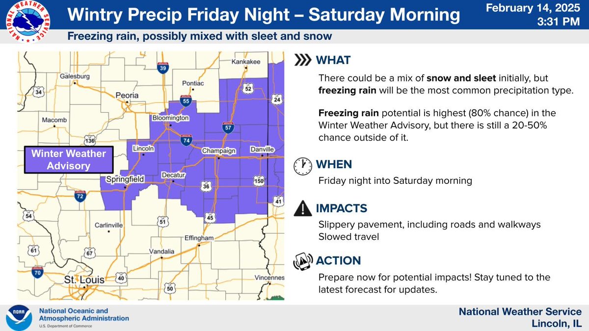 NWSLincolnIL's tweet photo. A wintry mix, including freezing rain, will impact portions of central and east-central IL tonight into Saturday morning. Temperatures should come above freezing late Saturday morning, but precip will turn back to snow during the late evening into Sunday morning. #ILwx https://t.co/gCGCqnDWUY