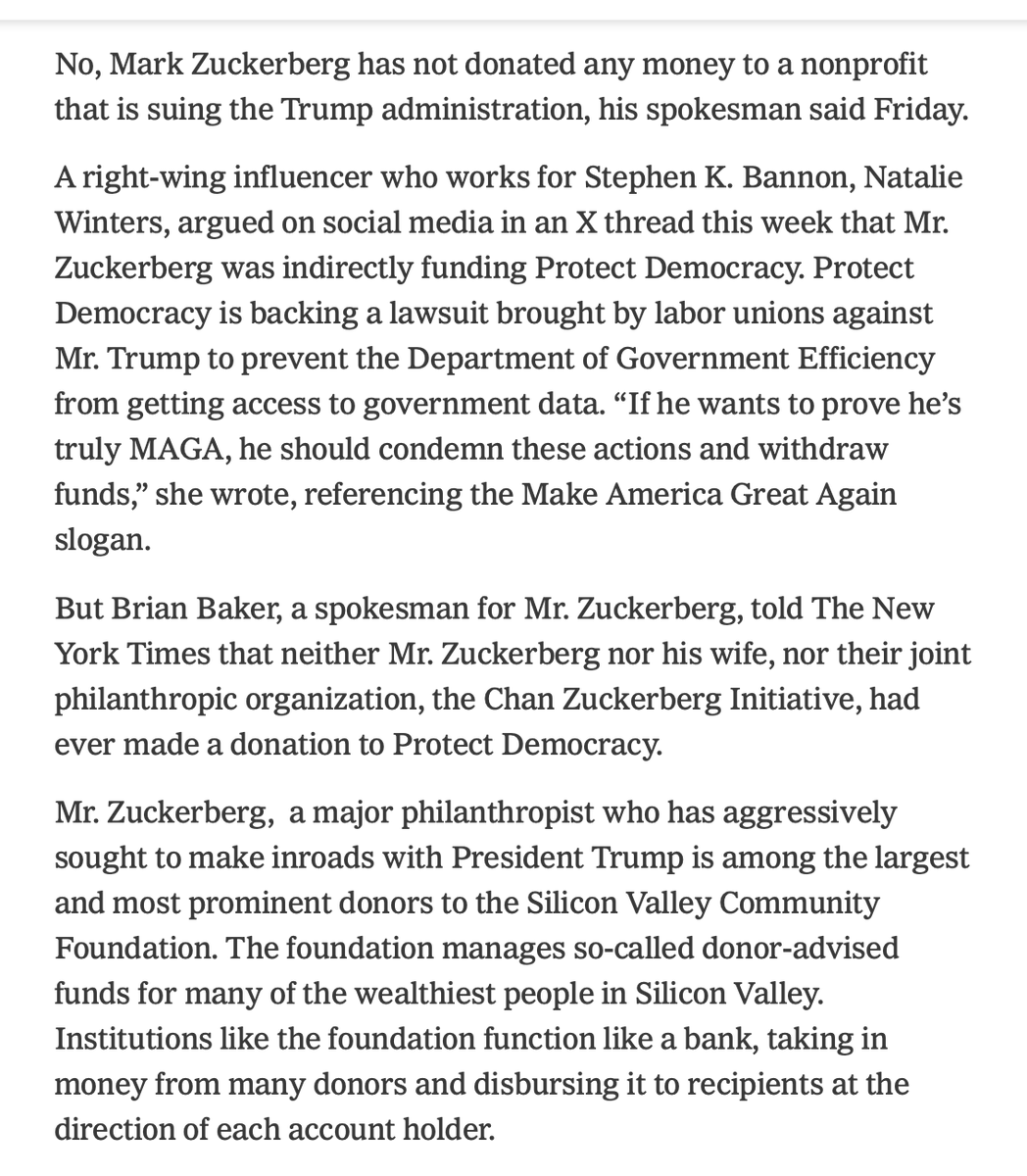 nataliegwinters's tweet image. Zuckerberg is crying to the @nytimes instead of demanding the left-wing foundation he gave $2 billion to stop bankrolling lawfare against President Trump.

They argue his $2 billion donation "does not mean that he actually donated any funds to Protect Democracy" since "more than