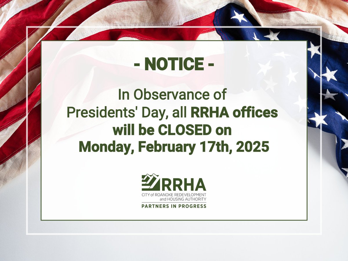 In observance of Presidents’ Day, all RRHA offices will be closed on Monday, February 17th, 2025. We will reopen and resume regular operations on Tuesday, February 18th, at 8:30 AM. If you need any immediate information, please visit our website rkehousing.org