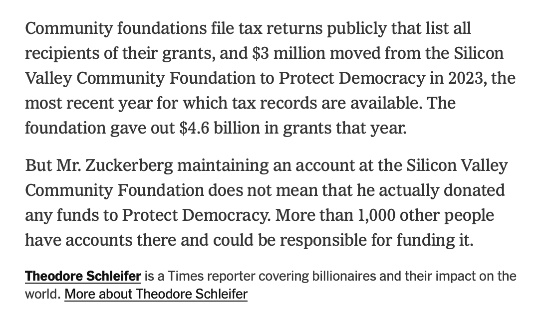 nataliegwinters's tweet image. Zuckerberg is crying to the @nytimes instead of demanding the left-wing foundation he gave $2 billion to stop bankrolling lawfare against President Trump.

They argue his $2 billion donation "does not mean that he actually donated any funds to Protect Democracy" since "more than