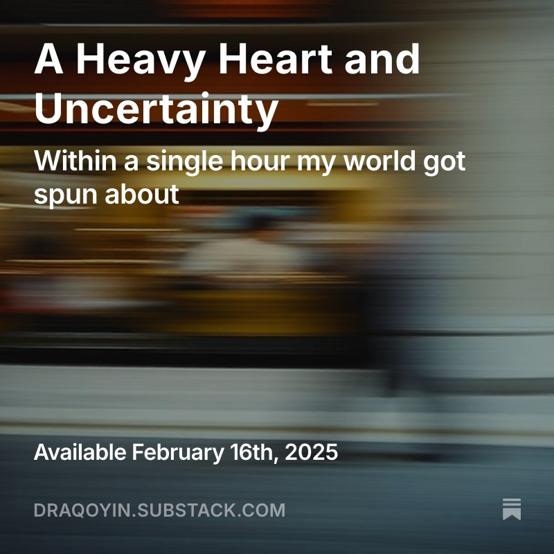 draqoyin's tweet photo. A Heavy Heart and Uncertainty 

A heavy weight settles in my chest as I prepare to call my sister, knowing the news will shatter her. Our father collapsed, rushed to the ER. Déjà vu strikes

#stroke #healthcare #life 

https://t.co/ifhL0NkhDN https://t.co/XkDsr8HULX