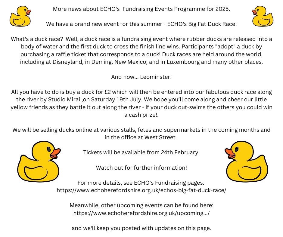 More news about ECHO's  Fundraising Events Programme for 2025.

We have a brand new event for this summer - ECHO's Big Fat Duck Race!
#duckrace #rubberduck #duckderby   #summerfun  #familyevent #summerparty #waterpark #fundraising #charity #donate  #fundraiser