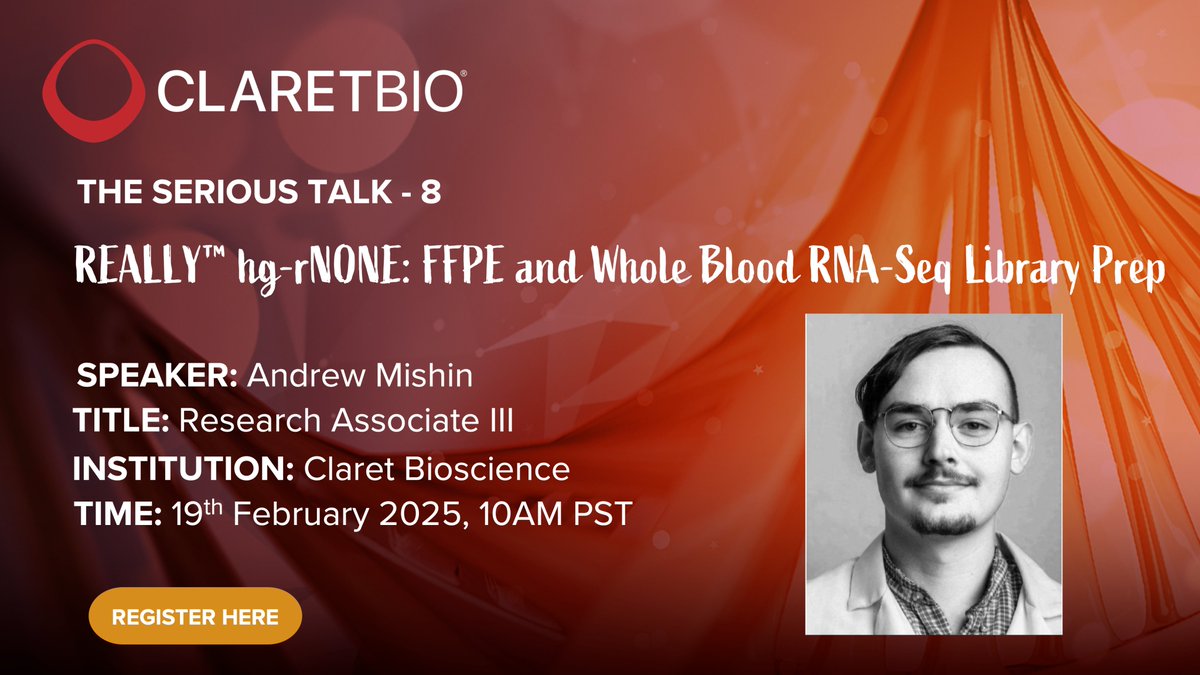 ClaretBio's tweet photo. Join us on Wednesday, February 19th, at 10 AM PST!
ClaretBio is launching the "THE SERIOUS TALK" webinar series for 2025 with a live session on #REALLY library prep for #RNA-Seq.

📅 Date: Wednesday, February 19th
 ⏰ Time: 10 AM PST
 🔗 Register here: https://t.co/EgddS70FY6 https://t.co/wtHkxFHI7N