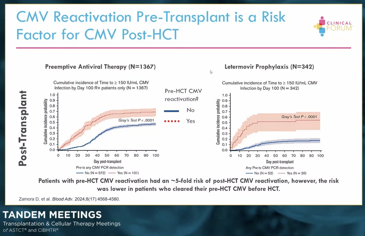 An imp emerging risk factor for CMV reactivation post-HSCT is pre-transplant CMV reactivation—even in the letermovir era. We must be cautious, screen, and treat these patients before transplant. #Tandem25 #Tandem2025