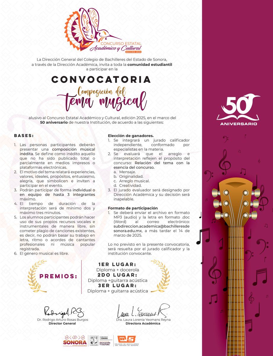 🎼 Invitamos a nuestra comunidad estudiantil a participar en la convocatoria Composición del Tema Musical alusivo al Concurso Estatal Académico y Cultural 2025, en el marco del 50 aniversario de COBACH.
¡Anímate y participa para ganar una docerola o una guitarra acústica! 🎸✨