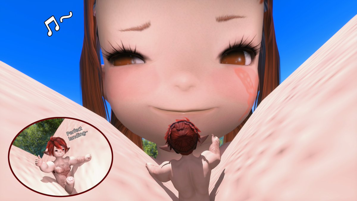 A silly V'Day gift for my EB, <a href="/EorzeanAnarchy/">Gaige</a> 🤭

The couple head out for some nude sunbathing together, but Giga tells Gaige to just grow first since he'll be right "up" there with her shortly.

He neglects to mention that being "up" there is without him growing justtt yet, heh~