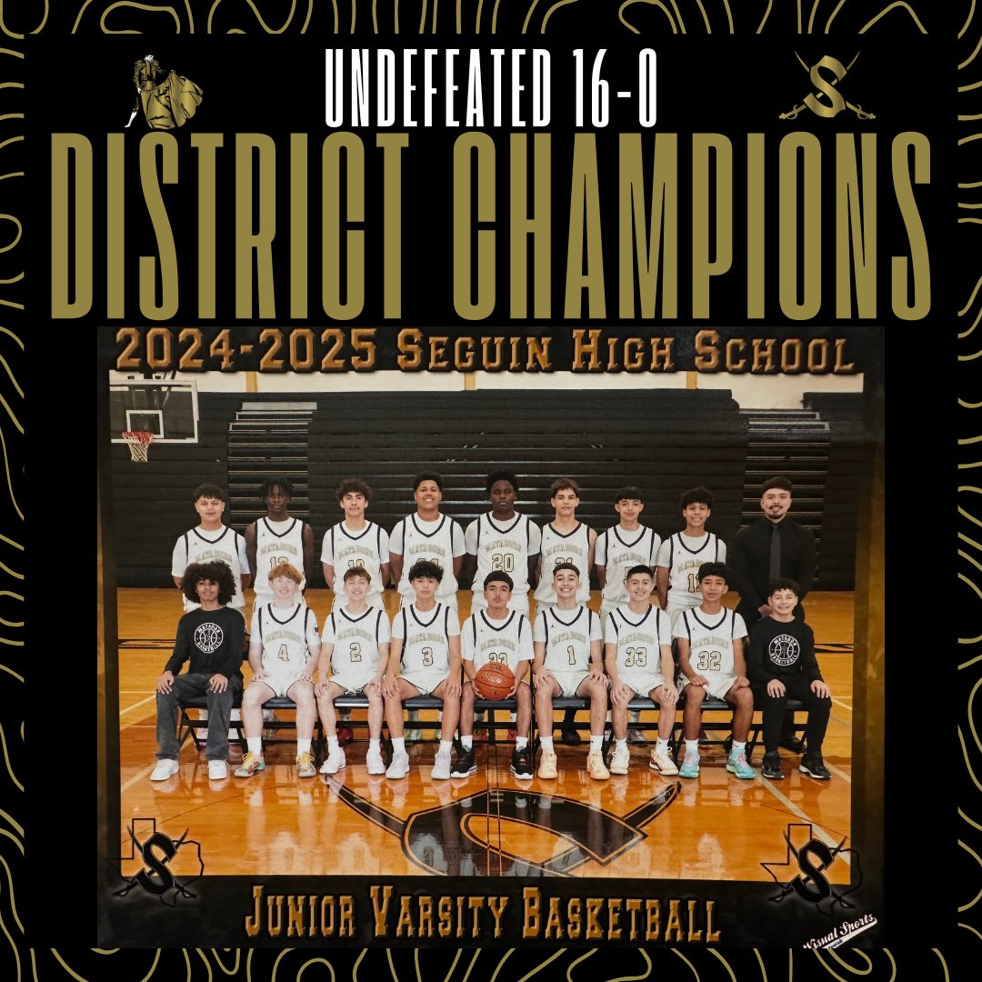 SeguinBoysHoops's tweet image. Congratulations to our JV for earning District Champs‼️ Going undefeated in district play of 16-0‼️ #SwordsUp⚔️🏀🖤