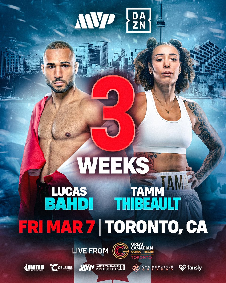 MVP’s Canadian killers ARE BACK in 3 WEEKS. 

Tune in FOR FREE, NO SUBSCRIPTION NEEDED on Friday, March 7th, live on @daznboxing from Toronto, Canada!🇨🇦

MVP’s own Knockout of the Year winner Lucas “Prince” Bahdi (18-0, 15 KOs) will battle Ryan James Racaza (15-0, 11KOs) in a