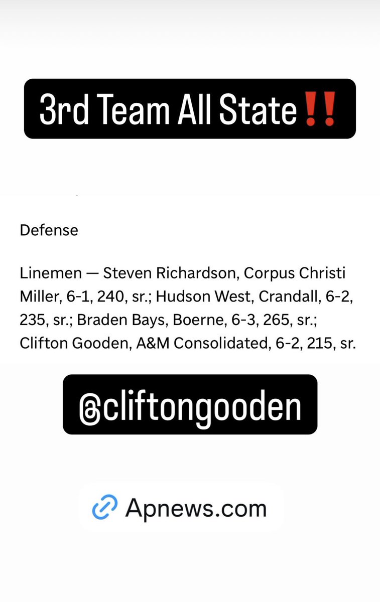 Clifton Gooden (@clifton_gooden) on Twitter photo All praise to God for giving me my strengths and athletic abilities to accomplish 3rd Team All State for 5A-D1.
<a href="/EastviewHFC/">William Robertson</a>
<a href="/ConsolFootball/">A&M Consolidated Football</a>
<a href="/Consol_Recruits/">Consol Sports Recruits</a>
#dyj All praise to God for giving me my strengths and athletic abilities to accomplish 3rd Team All State for 5A-D1.
<a href="/EastviewHFC/">William Robertson</a>
<a href="/ConsolFootball/">A&M Consolidated Football</a>
<a href="/Consol_Recruits/">Consol Sports Recruits</a>
#dyj