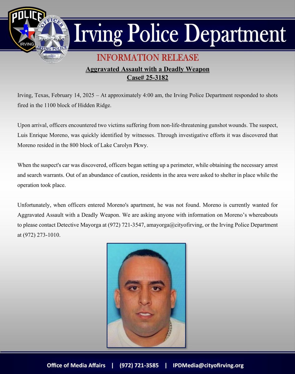 IrvingPD's tweet photo. Please see the media release below about today's critical incident and the shelter in place. https://t.co/T4zQ8rF4Ok