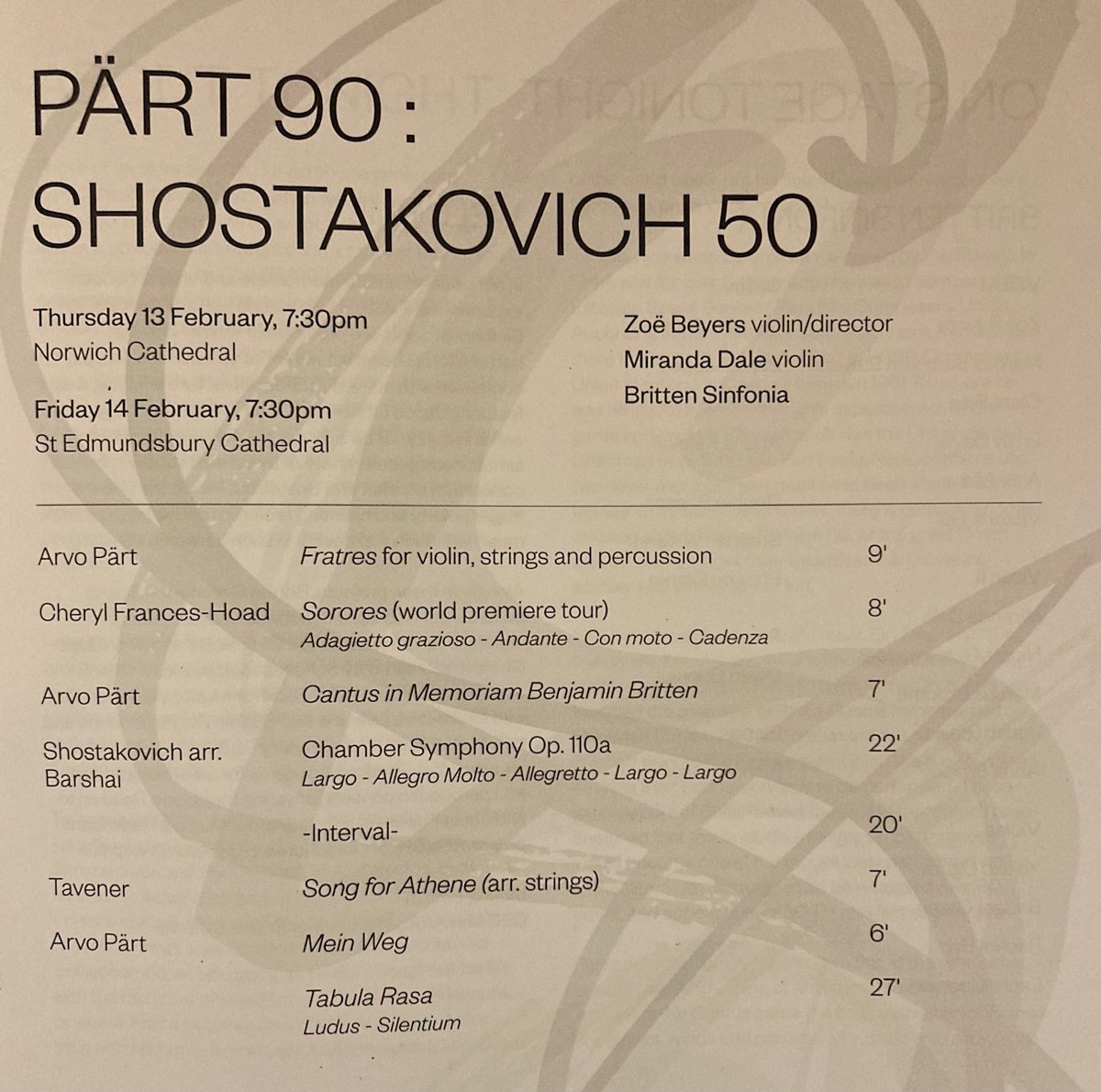 Richard Peat (@composerpeat) on Twitter photo Stunning concert from <a href="/BrittenSinfonia/">Britten Sinfonia</a> in <a href="/stedscath/">St Eds Cathedral</a>. Pärt, Shostakovich & Tavener have never sounded so fresh. Such visceral playing from all (especially soloists Zoë Beyers & Miranda Dale) with a fab new piece by @CherylHoad featuring glittering vibraphone from Owen Gunnell. Stunning concert from <a href="/BrittenSinfonia/">Britten Sinfonia</a> in <a href="/stedscath/">St Eds Cathedral</a>. Pärt, Shostakovich & Tavener have never sounded so fresh. Such visceral playing from all (especially soloists Zoë Beyers & Miranda Dale) with a fab new piece by @CherylHoad featuring glittering vibraphone from Owen Gunnell.