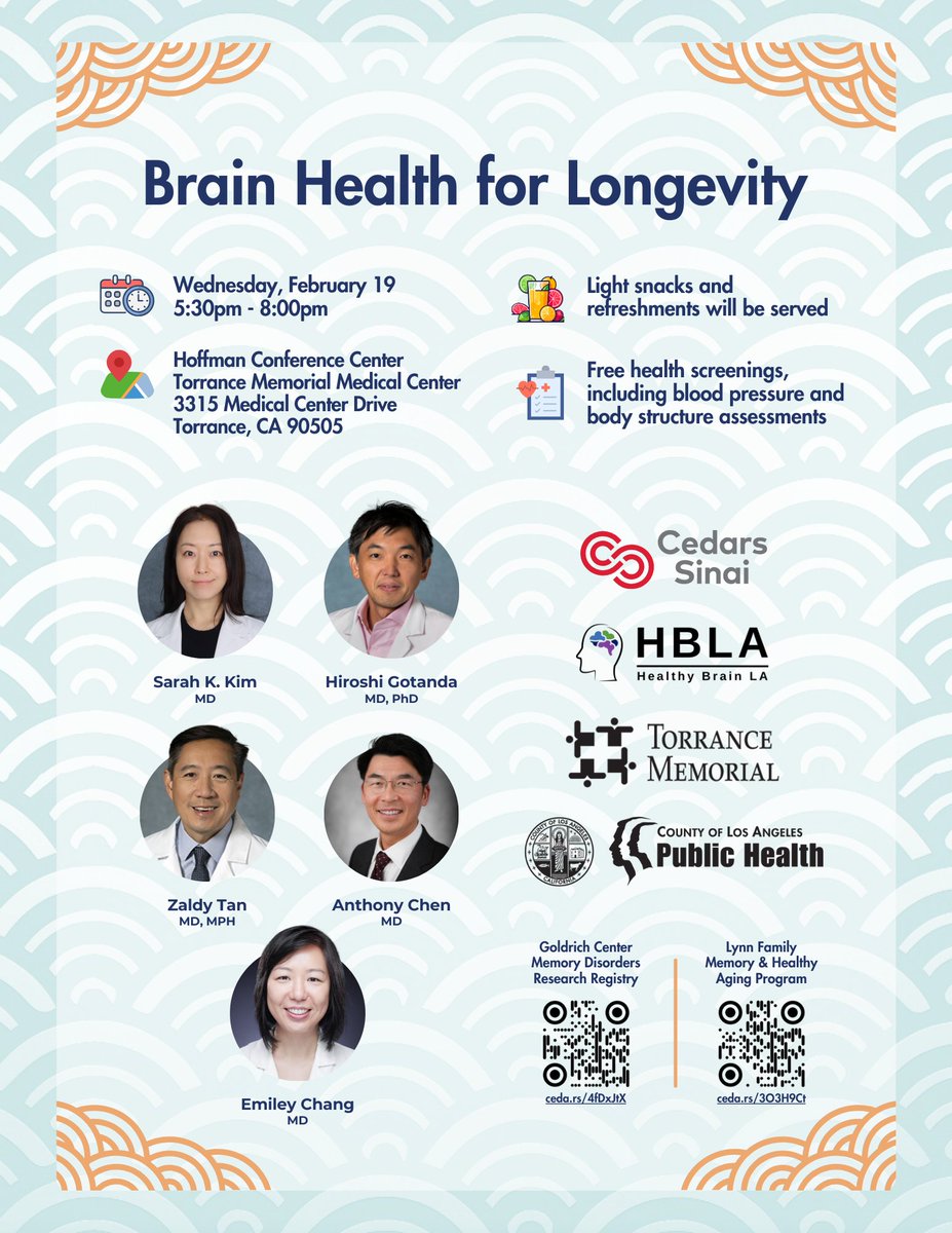 NeurosciencesCS's tweet image. Tune in to our panel of experts at our next event on Brain Health and Longevity: Brain Health Matters!
📍 Location: Hoffman Conference Center at Torrance Memorial Medical Center
🕒 Date & Time: Wednesday, February 19, 5:30pm - 8:00pm
💻 Join on Zoom: TMMC.Zoom.us/my/miracleofli…
