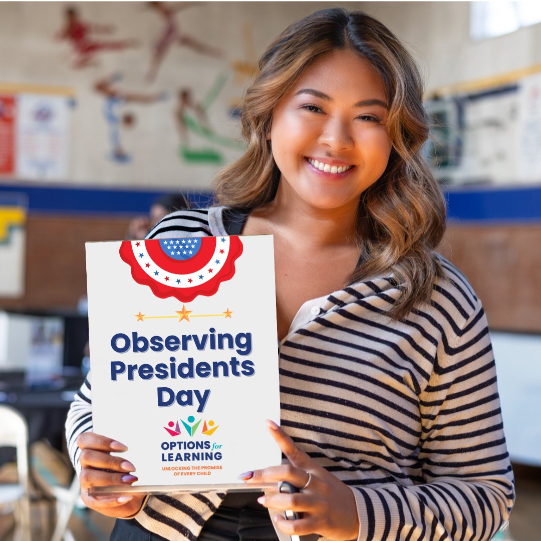 Opt4Learning's tweet image. Options for Learning will be closed on Monday, Feb. 17, in observance of Presidents Day. This day honors the leadership and legacy of those who have shaped our nation. We’ll be back on Tuesday, ready to continue empowering the next generation. #PresidentsDay #OptionsForLearning