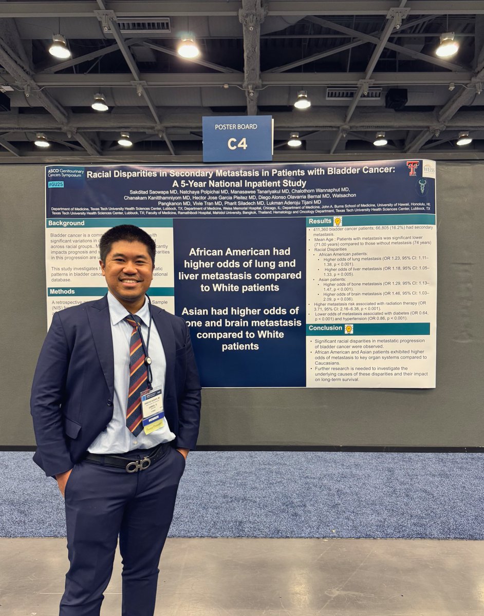 Ab #671 #C4

Join me at poster board C4 for #GU25 to discuss the latest findings on racial disparities in secondary metastasis in bladder cancer patients. 

🧐📊 African American patients had higher odds of lung metastasis (OR 1.22, 95% CI: 1.11-1.34) and liver metastasis (OR