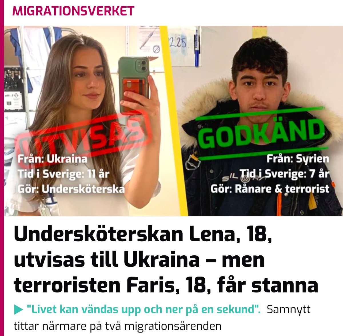 samhallsnytt's tweet photo. 🔴 18-åriga Lena kom till Sverige från Ukraina som åttaåring 2014. Nu går hon på gymnasiet, ska ta studenten till sommaren och extrajobbar inom äldreomsorgen. Men Migrationsverket har beslutat utvisa henne till Ukraina eftersom hon fyllt arton år.

De är båda arton år. De kommer båda från krigsdrabbade länder. Och de kom båda till Sverige som barn.

Olena Bezhenar, eller Lena som hon hellre kallar sig, kom till Sverige från Ukraina med sin familj sommaren 2014. Hon hade då nyligen fyllt åtta år.

Faris Al Abdullah är istället från Syrien. Han hade precis fyllt elva när han och hans familj ansökte om sitt uppehållstillstånd i januari 2018.

Men där slutar alla likheter mellan de båda artonåringarna. De har nämligen valt två väldigt olika vägar i livet.

Lena studerar just nu sista terminen på gymnasiet för att bli undersköterska. Hon ska ta studenten till sommaren och arbetar extra inom äldreomsorgen. Hon är skötsam, ostraffad och talar perfekt svenska, utan minsta antydan till brytning.

Faris Al Abdullah är istället dömd för flera grova brott; grovt sabotage mot blåljusverksamhet, rån och narkotikabrott. Han har bott på HVB-hem, och sitter just nu häktad i Stockholm misstänkt för mordförsök och terrorbrott. Han greps tidigare i veckan; efterlyst misstänkt för att planera ett islamistiskt attentat i Sverige.

Den ena av dessa två tonåringar får stanna i Sverige. Den andra får inte det.

👉 Läs artikeln på SAMNYTT