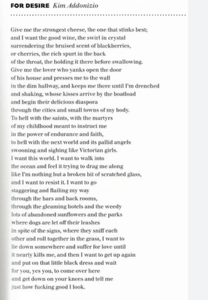 If there’s a better poem to read aloud to your lover on Valentine’s Day, I don’t know what it is.

Kim Addonizio, “For Desire” 🔥 ♥️