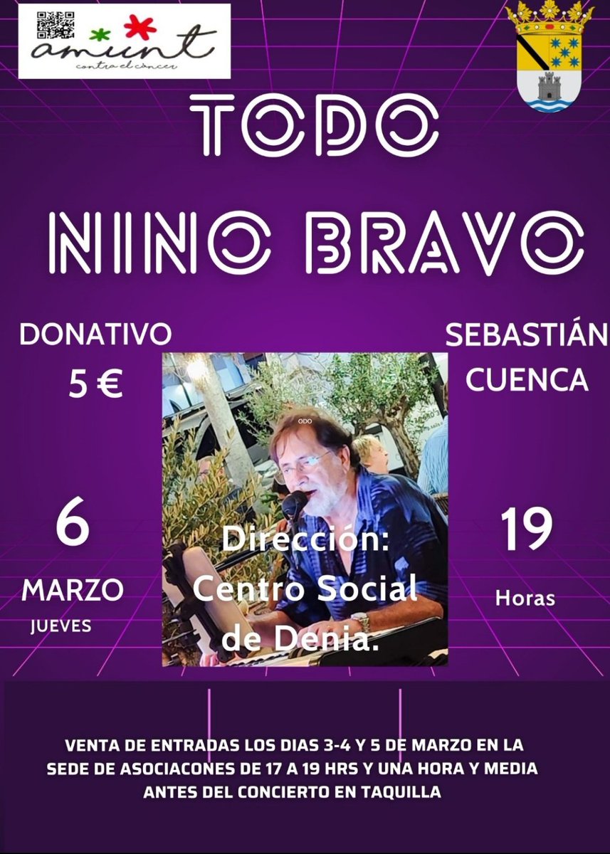 #SebastiánCuenca realizará un tributo a Nino Bravo en el centro social de Denia el dia 6 de Marzo a las 19 hrs. Entradas a 5 €. Venta en la Sede de Asociaciones en Dénia