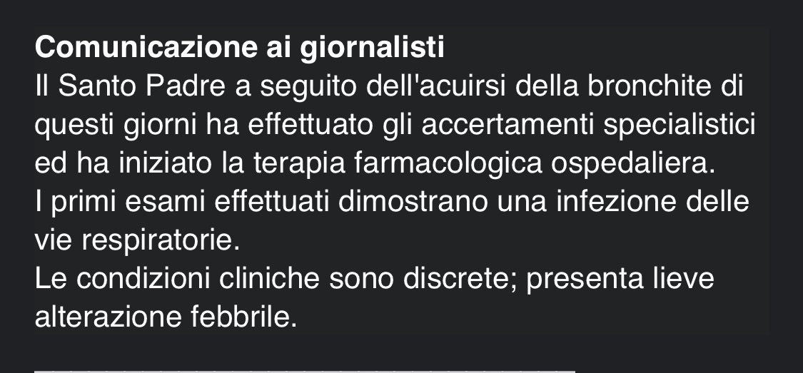 ➡️ Los primeros exámenes que se han realizado al #Papa confirman una infección en las vías respiratorias.
El comunicado de <a href="/HolySeePress/">Holy See Press Office</a> asegura que su estado clínico entra dentro de las condiciones regulares y que presenta una leve fiebre.