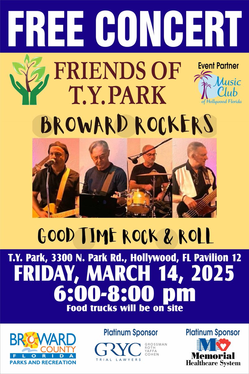 Get ready to rock &amp; roll as Broward Rockers take the stage at the next FREE concert hosted by the #FriendsofTYPark on Friday, March 14 from 6-8PM!