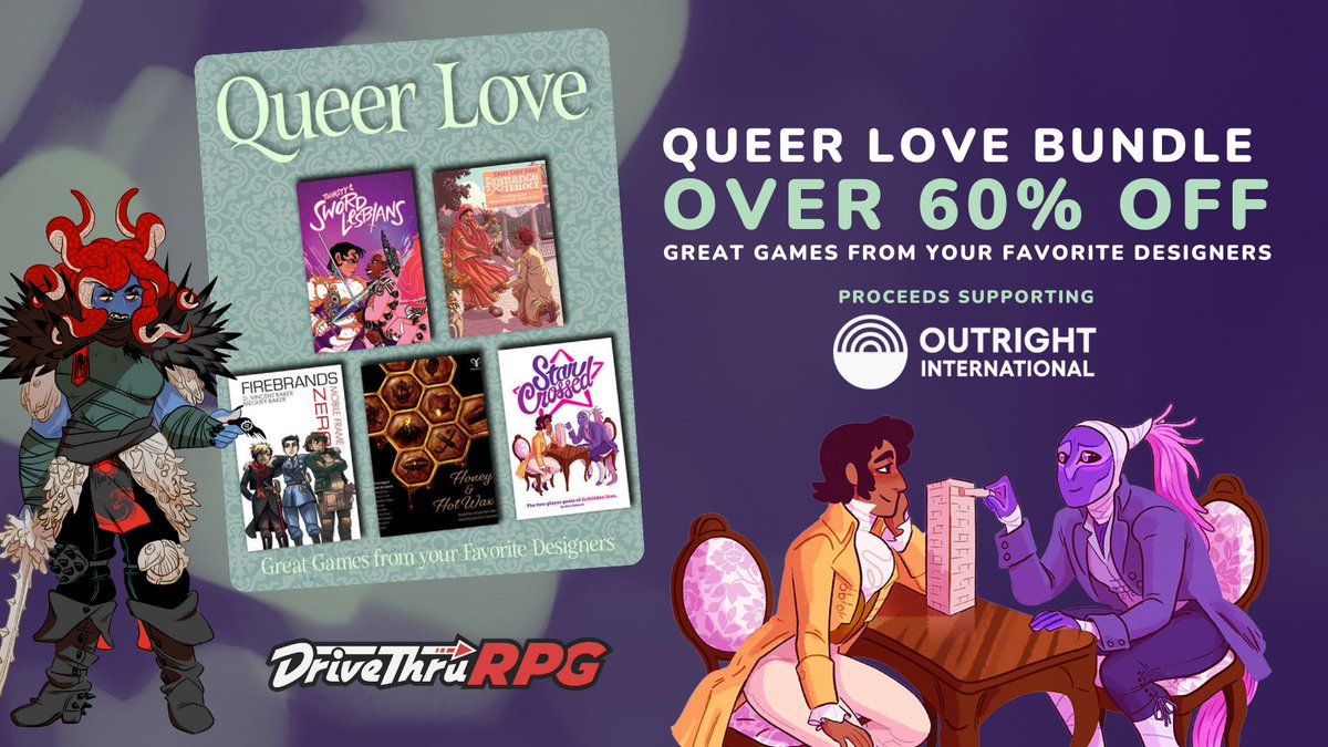 The Queer Love Bundle is here and it is packed with titles from <a href="/bullypulpit_hq/">Bully Pulpit Games</a>, <a href="/EvilHatOfficial/">Evil Hat Productions</a>, <a href="/emilycare/">Emily Care 🏳️‍🌈 - #CloseTheCamps #AbolishICE</a>, <a href="/TheOnyxPath/">Onyx Path Publishing</a>, <a href="/lumpleygames/">Vincent Baker ❧ Defund & Abolish</a> and <a href="/PelgranePress/">Pelgrane Press</a>! 

😍 60% off just in time for #ValentinesDay &amp; proceeds support <a href="/OutrightIntl/">Outright International</a>! 

Get it today! 
➡️drivethrurpg.com/en/product/511…