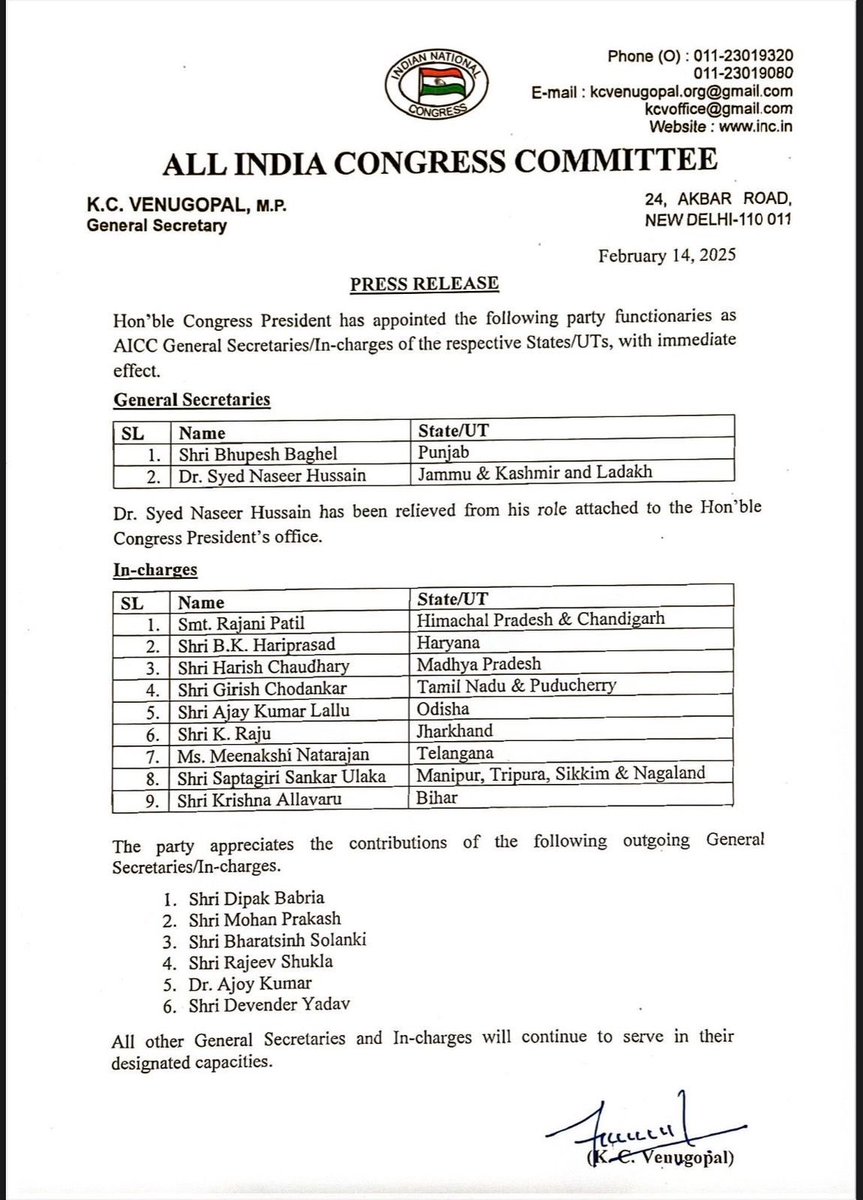 अखिल भारतीय कांग्रेस कमेटी द्वारा <a href="/INCMP/">MP Congress</a> 
के प्रभारी के रूप में नई जिम्मेदारी देने के लिए <a href="/INCIndia/">Congress</a> के हमारे राष्ट्रीय अध्यक्ष आदरणीय <a href="/kharge/">Mallikarjun Kharge</a> जी एवं हमारे नेता आदरणीय <a href="/RahulGandhi/">Rahul Gandhi</a> जी का हृदय से आभार व्यक्त करता हूँ।

मैं विश्वास दिलाता हूँ कि इस जिम्मेदारी का संगठन के प्रति