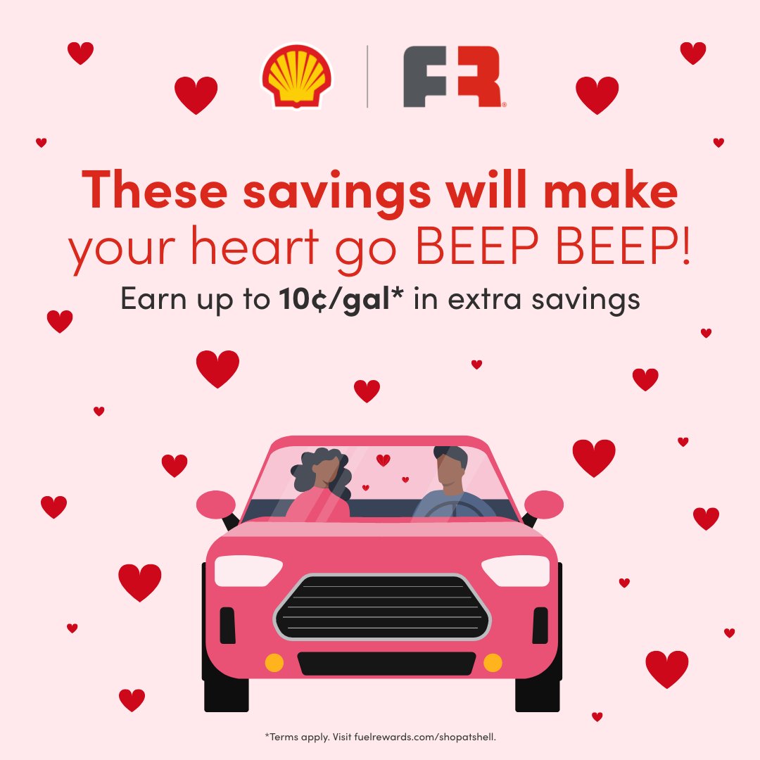 Drive into Valentine’s Day with sweet savings! Shop select items in-store at a Participating Shell to earn up to 10¢/gal in extra fuel savings. #TreatYourself  
#FebruarySavings 
View Offers: bit.ly/3XPEAZd ❤️