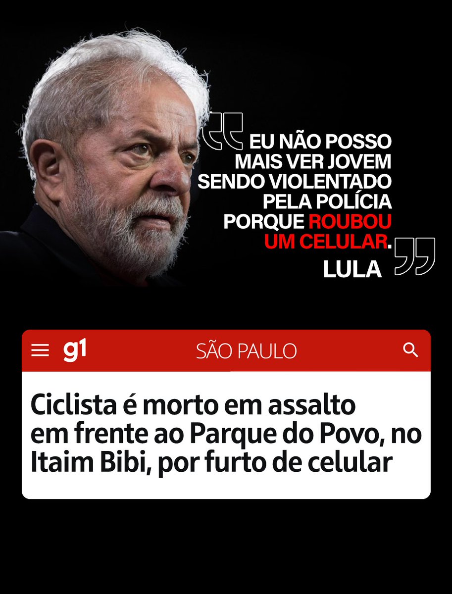 Um ciclista foi baleado e morto em pleno Itaim Bibi durante um assalto. Perdeu a vida por causa de um celular. Isso é revoltante!

Enquanto isso, Lula diz que não pode ver jovem sendo “violentado pela polícia por roubar um celular”. Mas e as vítimas desses crimes, Lula?