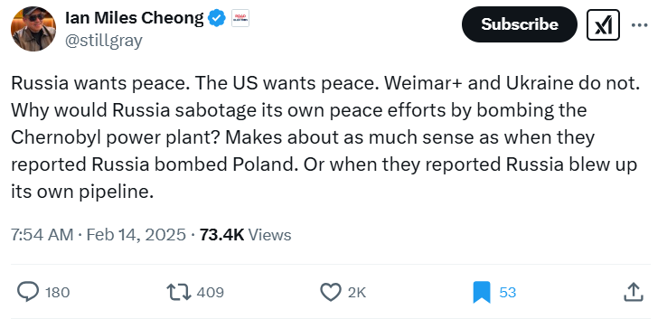 Shayan86's tweet photo. The "citizen journalists" of this app are now taking their cue from the Kremlin to claim that Ukraine bombed its own Chernobyl nuclear plant last night as a "false flag" to derail Trump's negotiations with Putin. https://t.co/Dm5OAd3t7G