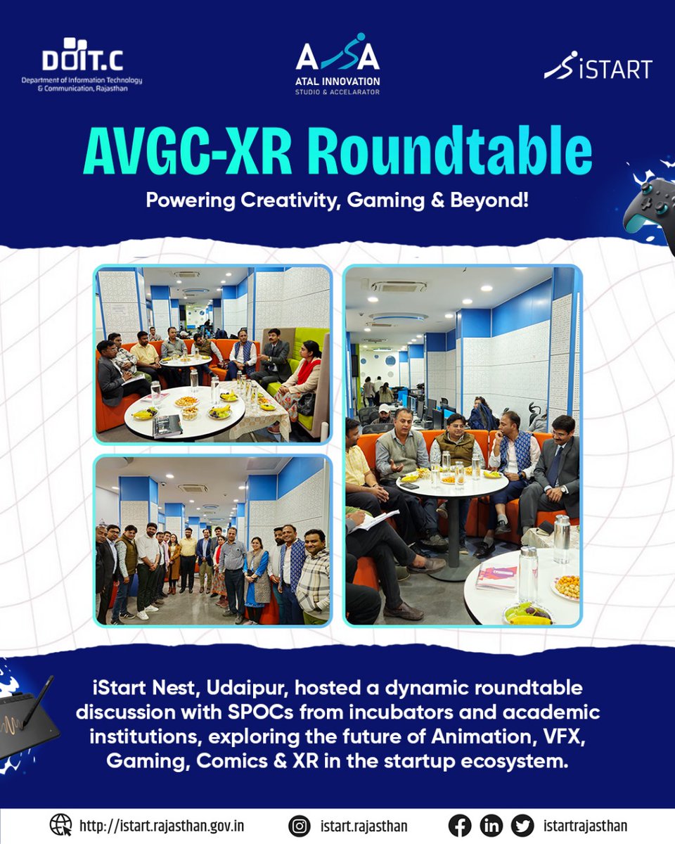 istart_Raj's tweet image. AVGC-XR Roundtable: Shaping the Future of Creative Tech! 🎮

iStart Nest, Udaipur, brought together SPOCs from incubators and academic institutions for an insightful discussion on Animation, VFX, Gaming, Comics &amp;amp; XR, driving innovation in the startup ecosystem!

#AVGCXR…