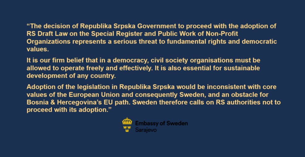 SwedenBiH's tweet photo. Stance of Embassy of Sweden in Bosnia and Herzegovina on RS Draft Law on the Special Register and Public Work of Non-Profit Organizations / Stav Ambasade Švedske u Bosni i Hercegovini o Nacrta zakona o posebnom registru i javnom radu neprofitnih organizacija  u RS-u https://t.co/G372Ed3j61