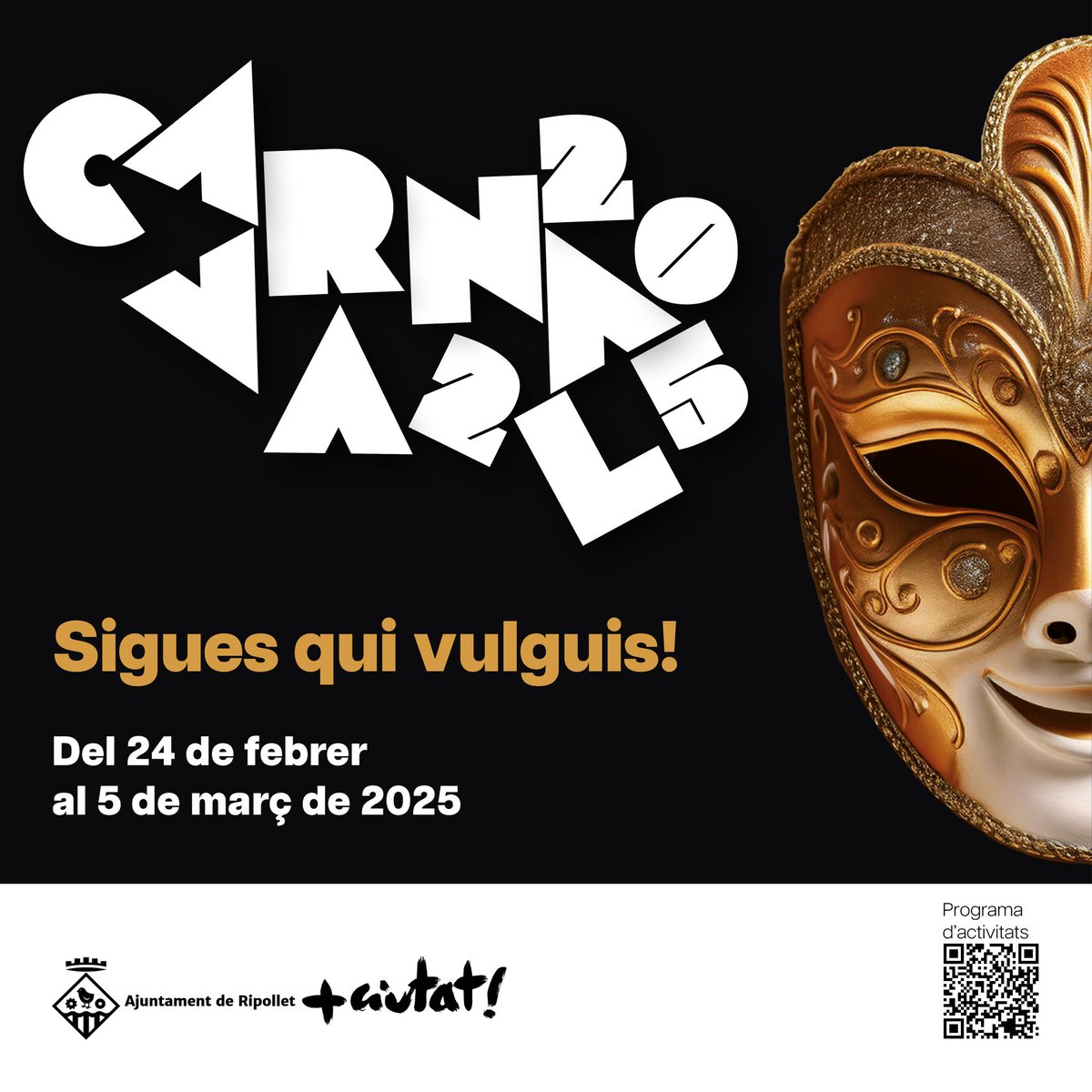 AjRipollet's tweet photo. 🎉 Sota el lema ‘Sigues qui vulguis!’ s’ha presentat el programa de Carnaval 2025 a Ripollet, que compta amb els tradicionals actes de la penjada i despenjada del Cabraboc, conduïts per la figura de @elxarlata, a més dels carnavals infantil, jove i de la gent gran. 

Enguany s'espera una de les rues més multitudinàries dels darrers anys, amb 16 comparses i la participació d’unes 1.500 persones.

📲 Podeu consultar el programa a:
https://t.co/hjrysvOKeR