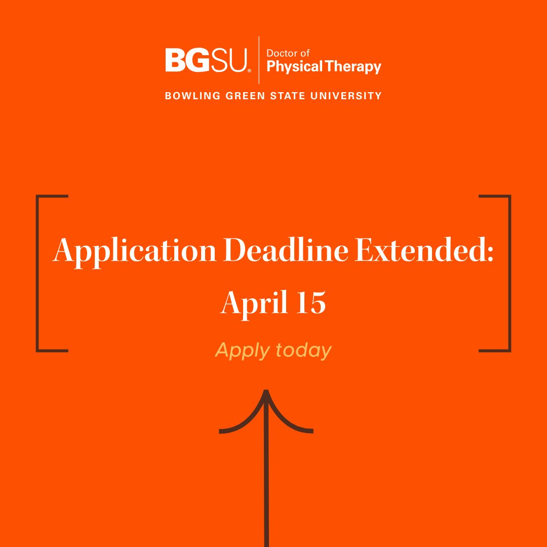 bgsudpt's tweet image. #BGSUDPT’s application deadline has been extended to April 15. There’s still time to join the upcoming cohort. Start your next adventure and submit your application today! bit.ly/3GTsx2S 

#BGDPT #FuturePT #PhysicalTherapy