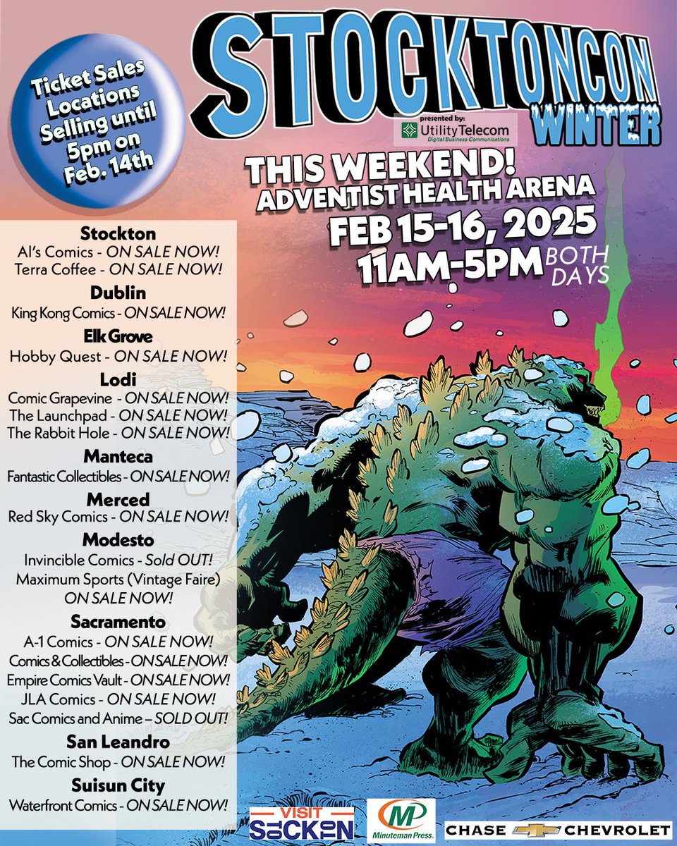 Check out all of our locations with $20 pre-sale tickets for StocktonCon Winter, presented by Utility Telecom this weekend -- they are on sale until 5pm today (Friday, Feb. 14th).