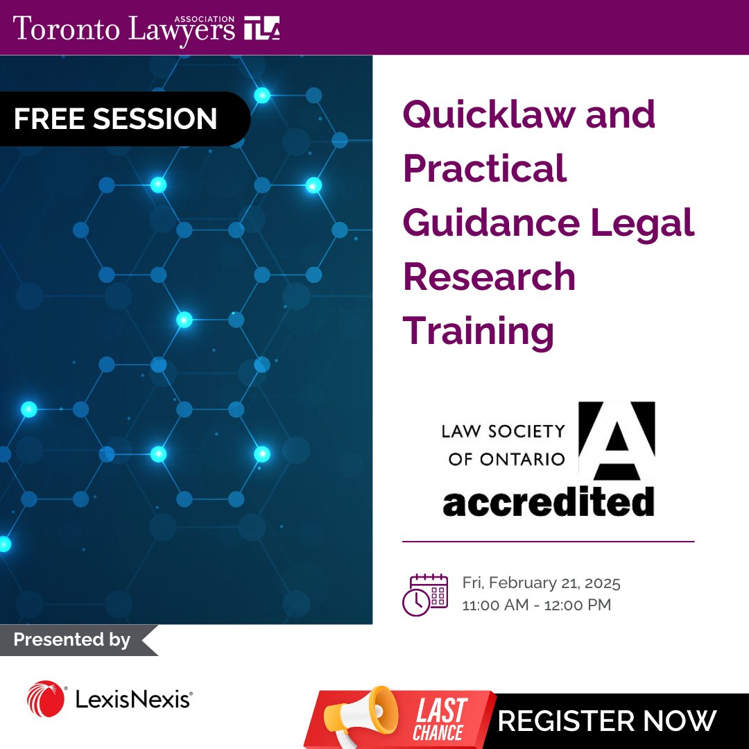 This is your LAST CHANCE to sign up for this FREE legal research training from LexisNexis:

Click here for training details and registration: loom.ly/LIUJhnk 

#LegalResearch #LegalTraining #QuickLawTraining #Lexis