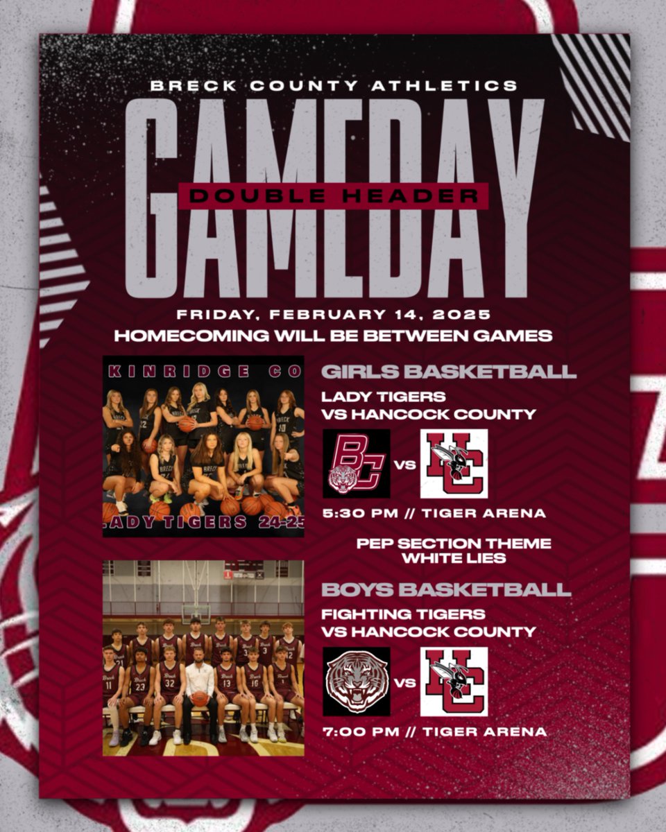 GAMEDAY!!! 
Come out to Tiger Arena for the Doubleheader against Hancock County!! It is also Homecoming that will take place between games!

<a href="/BCLADYTIGERS/">BC Lady Tigers</a> 
<a href="/BRECKBASKETBALL/">BRECK CO. BASKETBALL</a>
