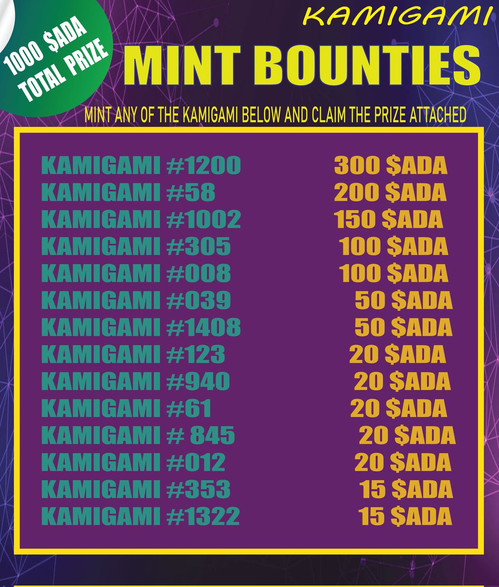 🚨 KamiGami Mint is LIVE! 🚨

The KAMIGAMI is here🦊⚡

🔥 BOUNTY ALERT! 

Mint any NFT from the flier &amp; stand a chance to win from a 1,000 $ADA prize pool! 🎉

⏳ Don't miss out !

🔗 Mint Now: jpg.store/collection/kam…

#KAMIGAMIADA #CNFTS #CNFT $SNEK $ADA #NFTS #NFT #CARDANO
