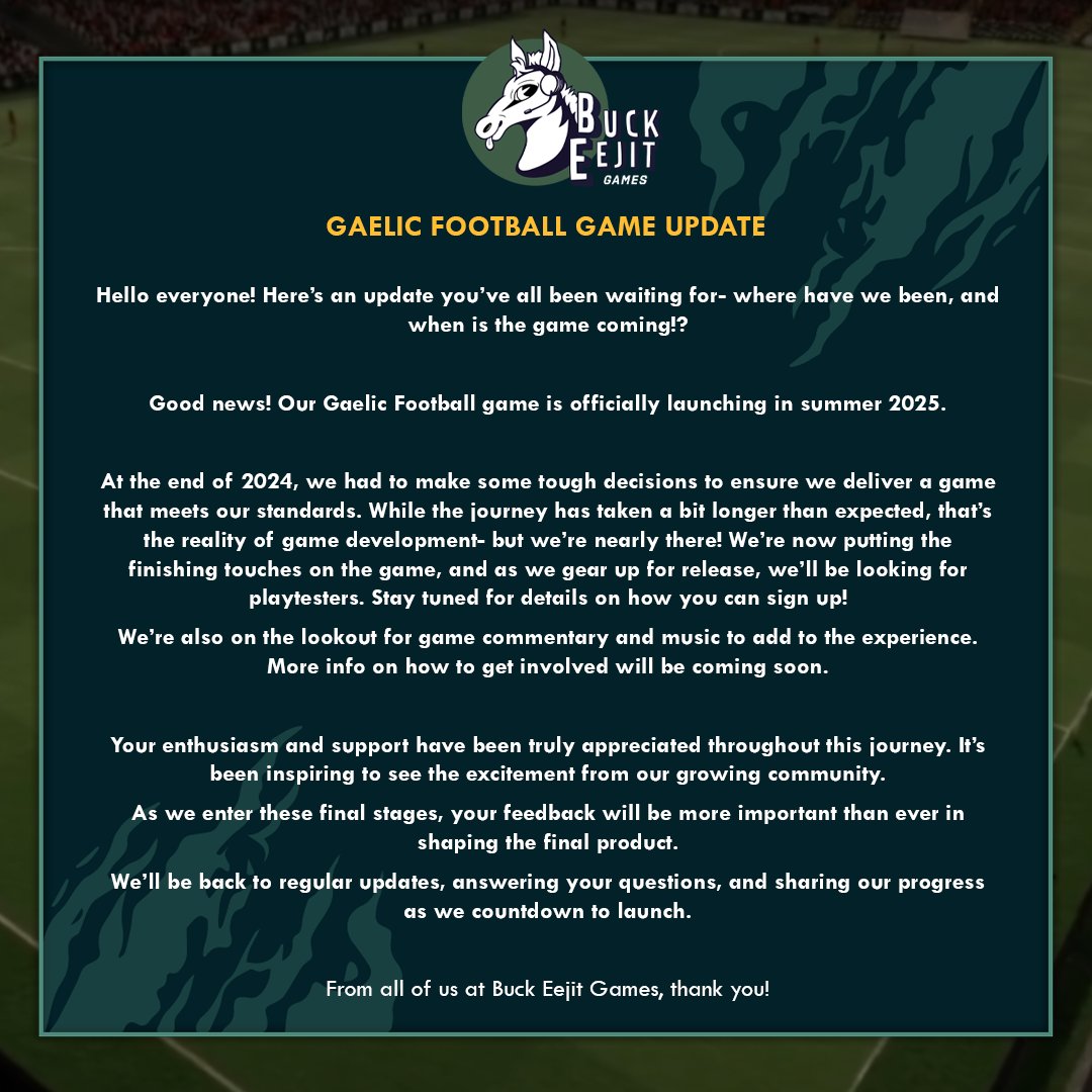 Well lads, it's a been a few months and here's the craic! 👀

Our Gaelic Football game is officially launching in summer 2025. 🏐

#GaelicFootball #Gaming