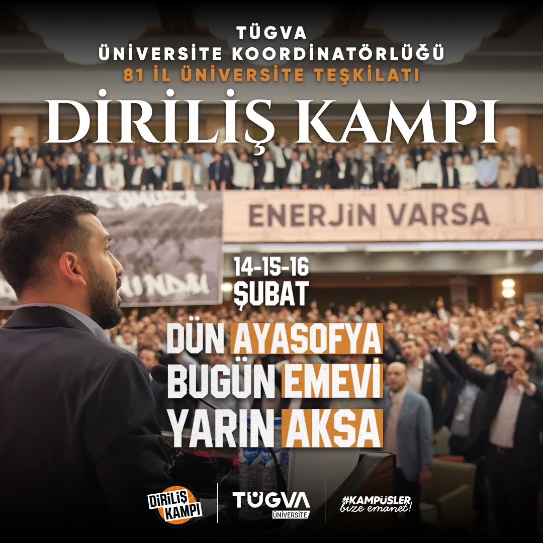 81 ilden Üniversite Teşkilatımız ile 2. Diriliş Kampı'nda buluşuyoruz!

Gel, bayrağı daha da yükseğe taşıyalım! 😎

📍 Kızılcahamam / Ankara

🗓 14-15-16 Şubat 2025

#DirilişKampı #KampüslerBizeEmanet