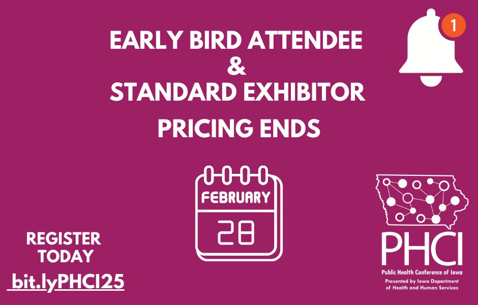 🚨 Time is running out!🚨 

Don't miss your chance to be part of the 2025 Public Health Conference of Iowa! Register before the  deadline on 2/28/25 to secure your spot at Iowa’s premier public health conference.

🔗 Register now: bit.ly/PHCI25