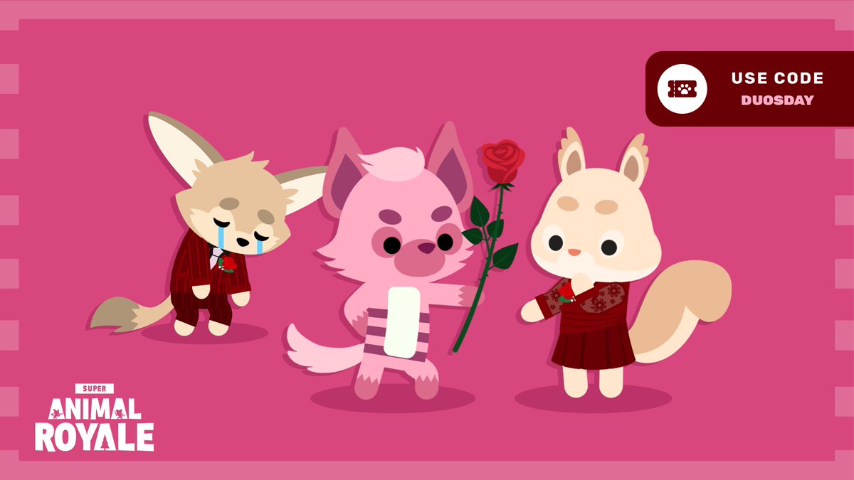 Happy Duos Day, Super Animals! 💞

🧪 New Super Dapper Hyena
🎟️ Use code DUOSDAY for 2 new items
🌹 Play a round of Duos to get the Rose melee
⏩ Double XP until Monday