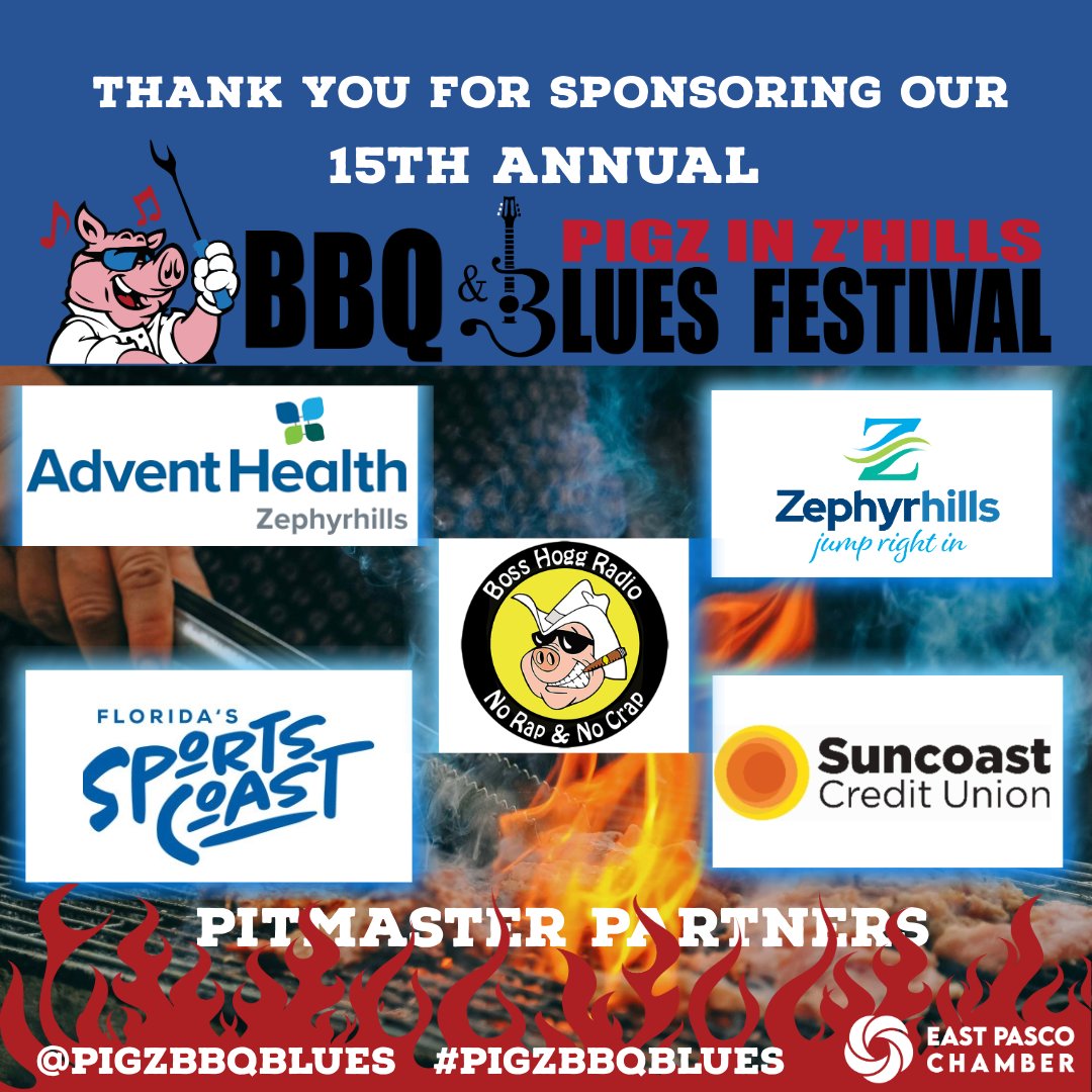 A huge thank you to AdventHealth Zephyrhills, Boss Hogg Radio, Florida's Sports Coast, Suncoast Credit Union, and City of Zephyrhills - Government for sponsoring the 15th Annual Pigz in Z'Hills BBQ &amp; Blues Festival! Your support means the world to us!