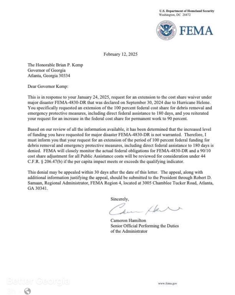 Breaking; President Donald Trump has declined Georgia's request to extend the deadline for federal disaster assistance applications related to Hurricane Helene. 

Georgia House Speaker Jon Burns and Agriculture Commissioner Tyler Harper had urged the president to consider an