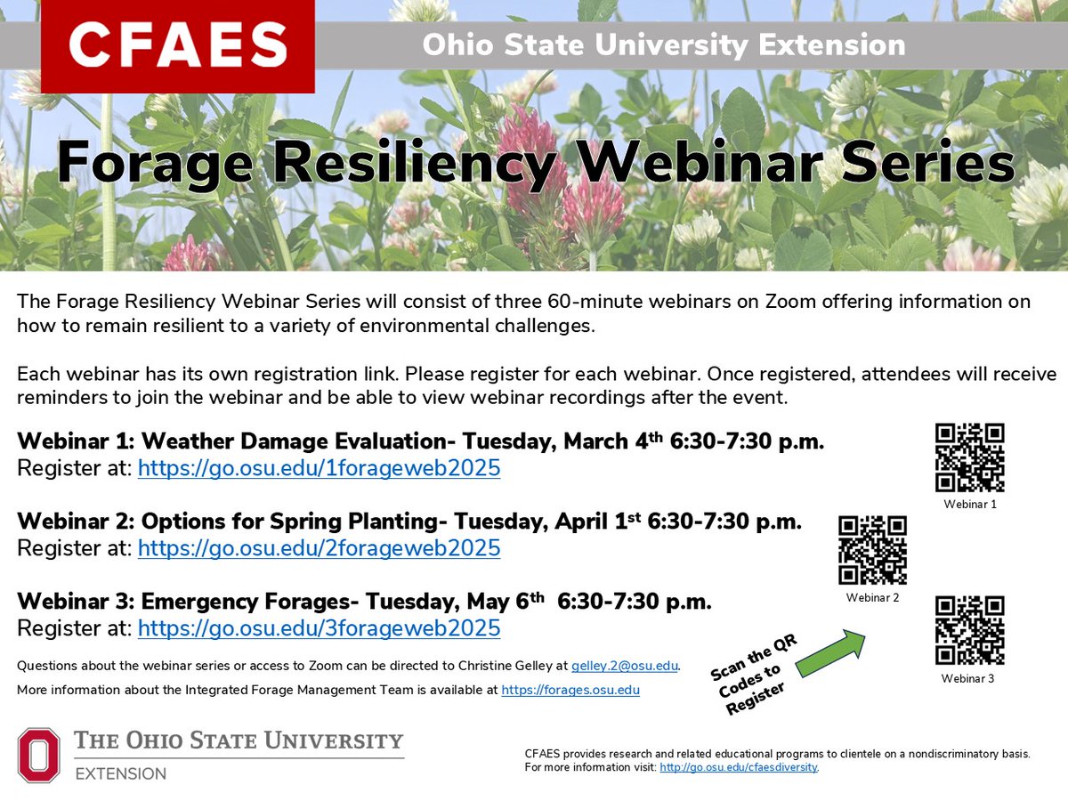 You’re invited to three Forage Resiliency Webinars! Save the dates for March 4, April 1, and May 6 from 6:30-7:30 p.m. Register for Webinar 1 here: go.osu.edu/1forageweb2025